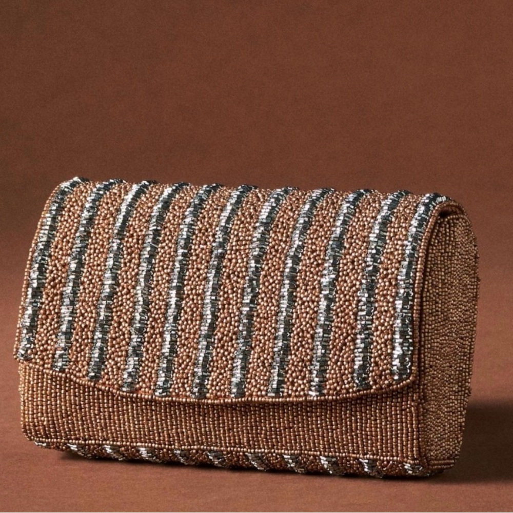 Anthropologie Beaded Fold-Over Clutch Bag in Brown with Silver Accents